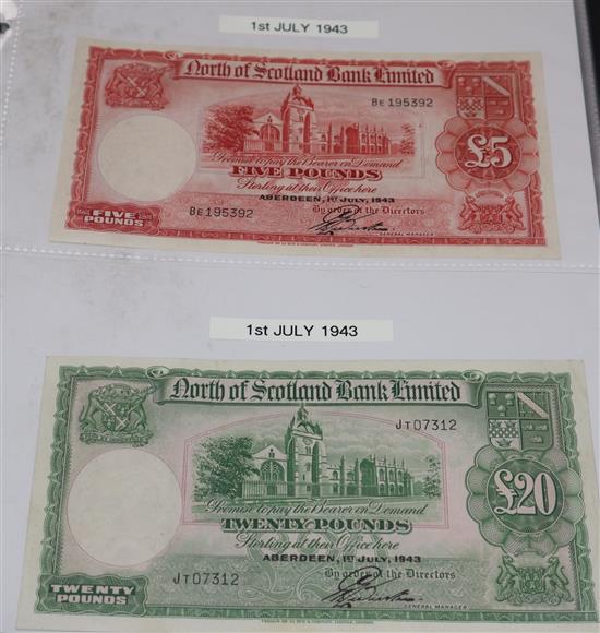 An album of Scottish and England Banknotes including, White £5 note 16th Jan 1943, North of Scotland Bank Ltd £20, 1st July 1943 etc
